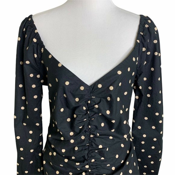 Asos Black Polka Dot Print Cotton Ruched Off The Shoulder Mini Dress Womens 10 - Picture 2 of 12